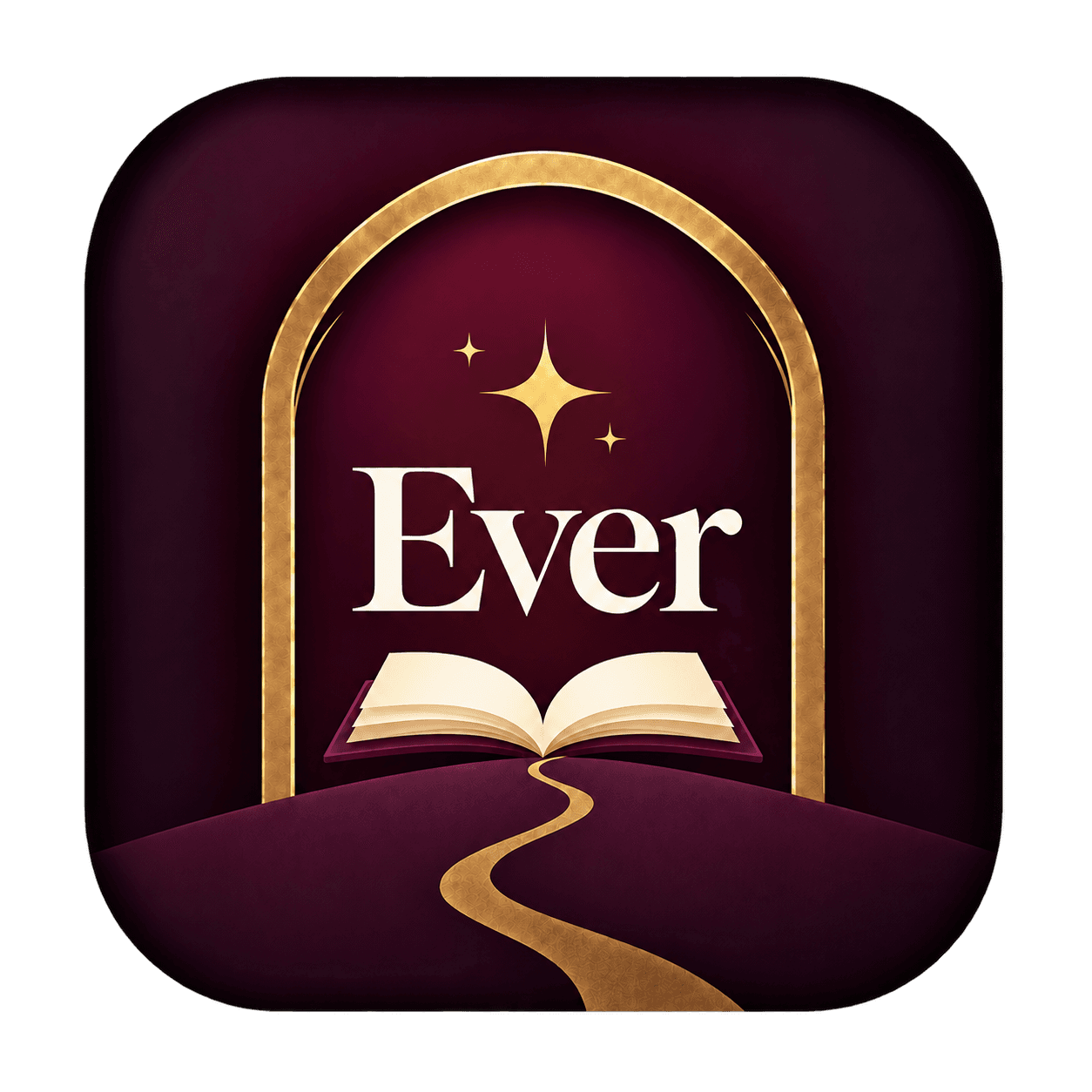 Ever: an open book beneath a golden arch, with a path into the story